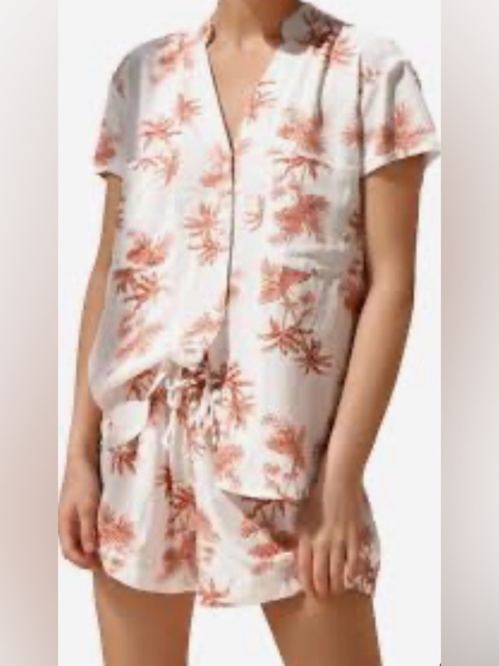 Floral Print Short-Sleeve Pajama Set - White with Coral Print